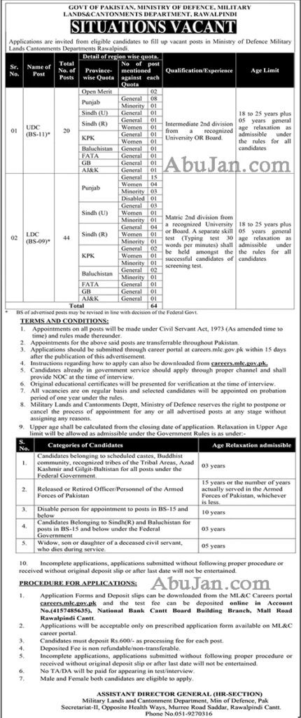 Govt of Pakistan Ministry of Defence Military Land & Cantonments Jobs 2023