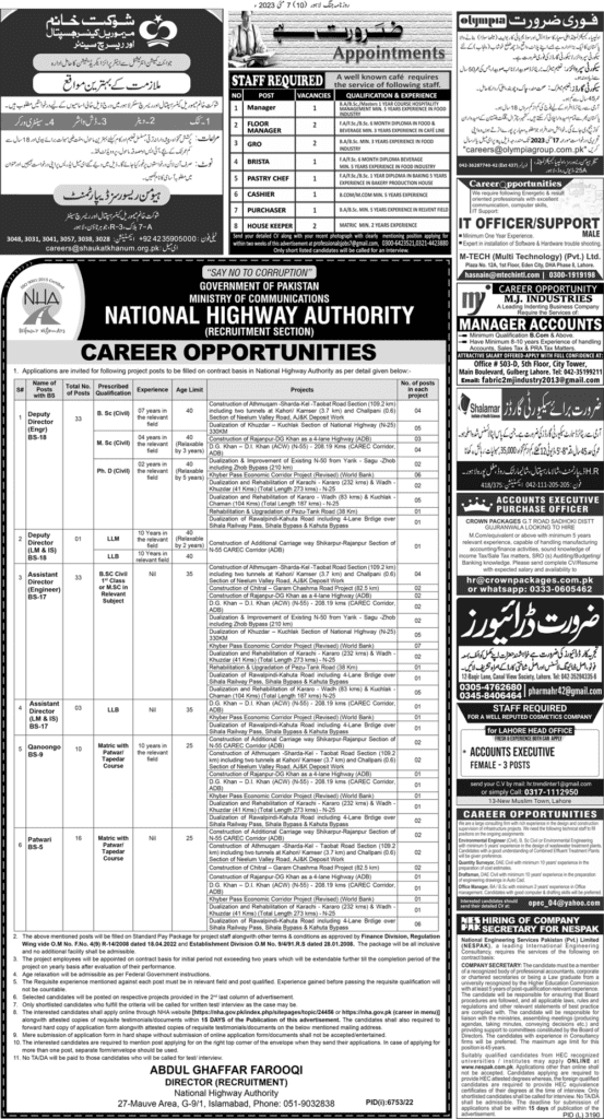 The latest jobs in hospital,National highway authority,security guards ,account manager driving ,govt jobs