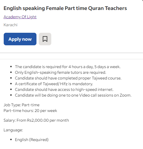 English speaking Female Part time Quran Teachers