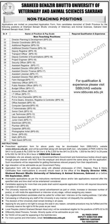 SHAHEED BENAZIR BHUTTO UNIVERSITY OF VETERINARY AND ANIMAL SCIENCES SAKRAND VACANCIES 2023,Government of Sindh Jobs